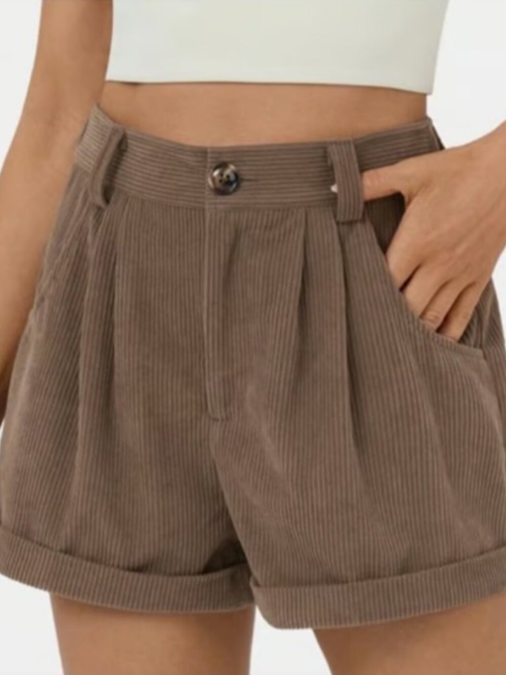 HALARA Mid Waist Corduroy Shorts - Brown